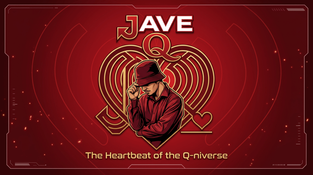 Illustration of a man in a red outfit and hat with stylized hearts and text 'Jave Q' and 'The Heartbeat of the Q-niverse'